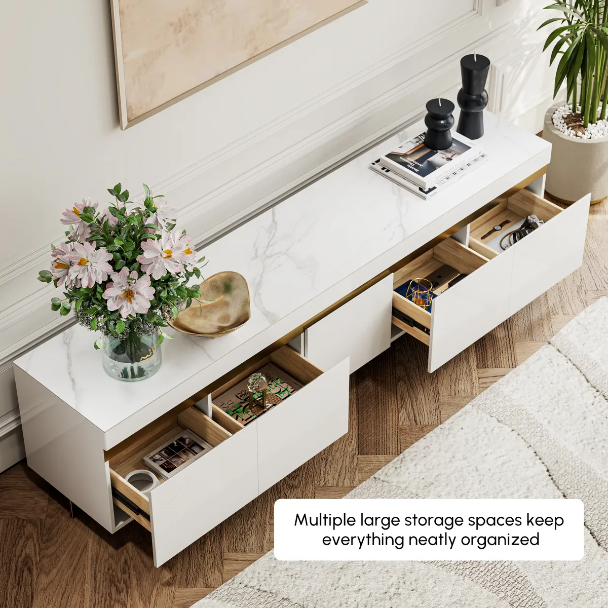 86" White Sintered Stone Top TV Stand with 4 Drawers — image 7