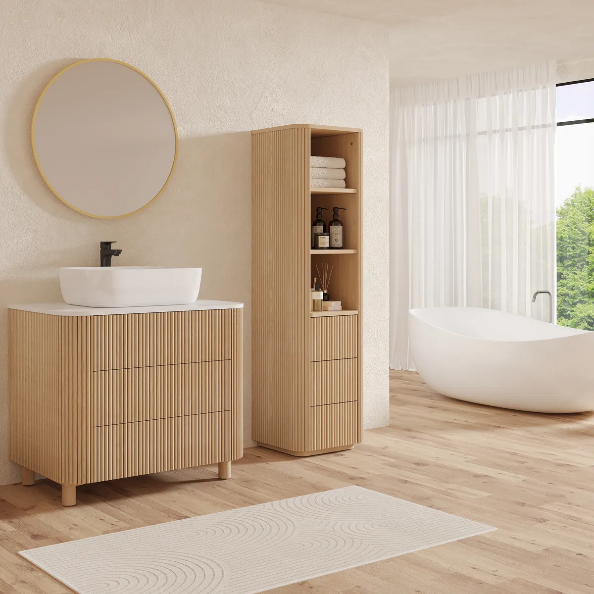 Fluted 58" Bathroom Linen Cabinet with 3 Drawers and Open Shelves — image 6