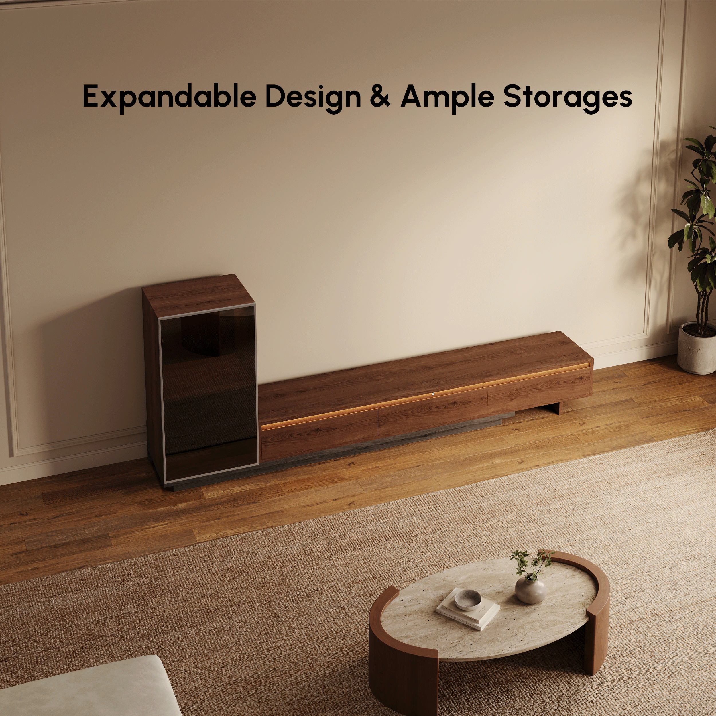 Fero Retracted & Extendable 3 Drawers TV Stand with Bookcase & LED Lighting in Walnut & Gray Up — image 7