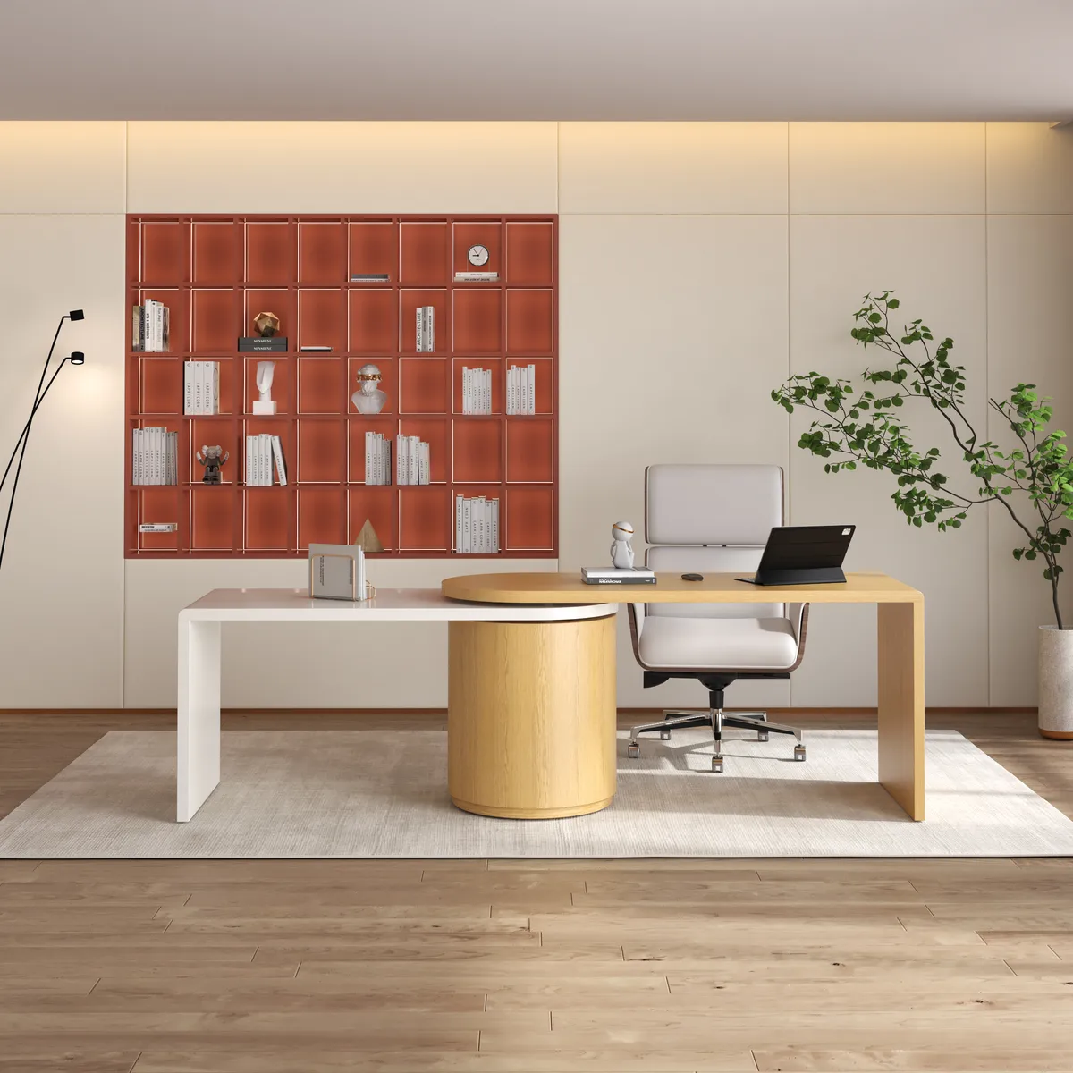 Modern Wash White L Shaped Desk & Off White Home Office Chair Set Upholstered Swivel — image 2