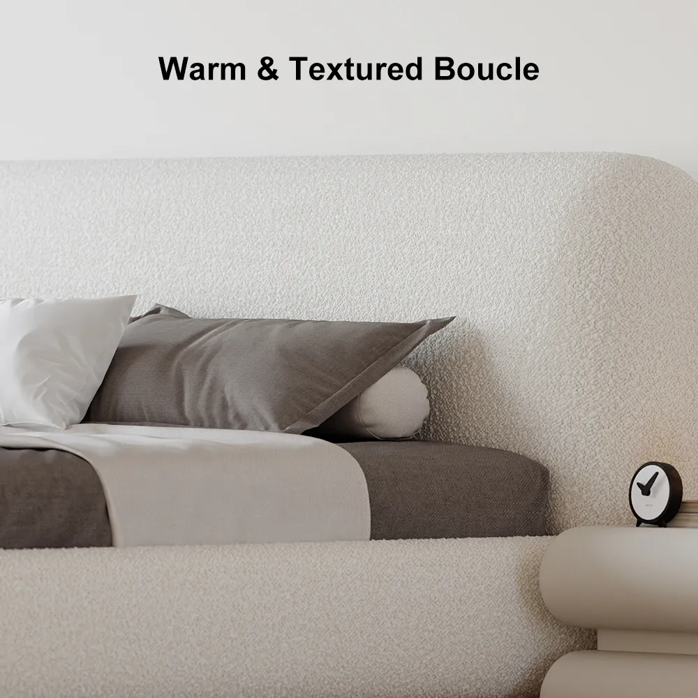 Modern White Boucle Platform Bed Queen Size Bed Frame with Upholstered Headboard — image 20