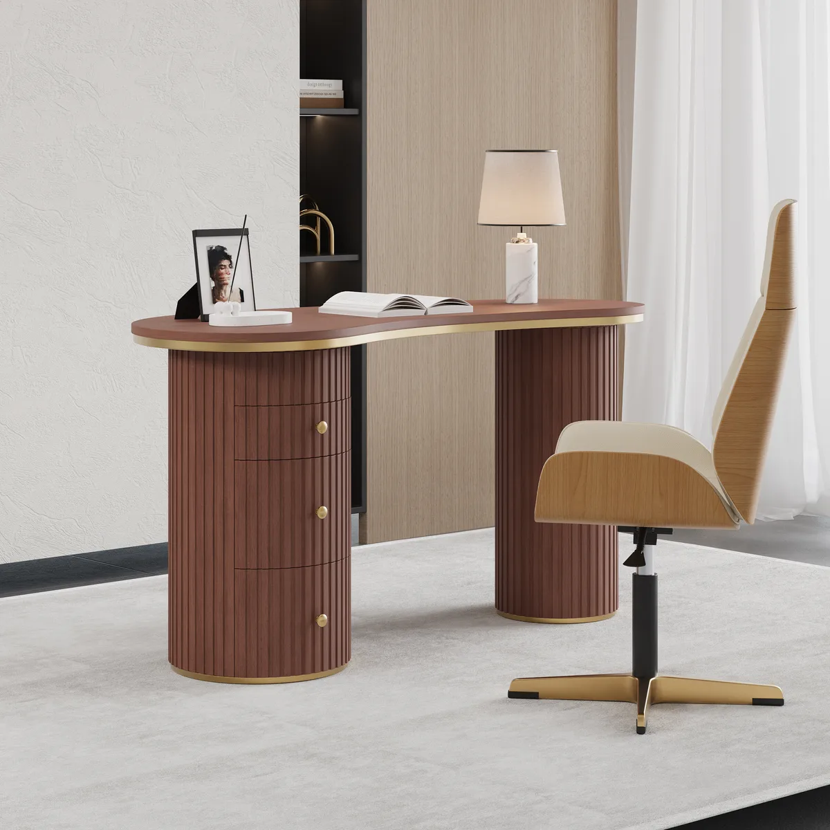 55.1" Modern Black Curved Desk 3-Drawer Wooden Home Office Desk Double Pedestal — image 23