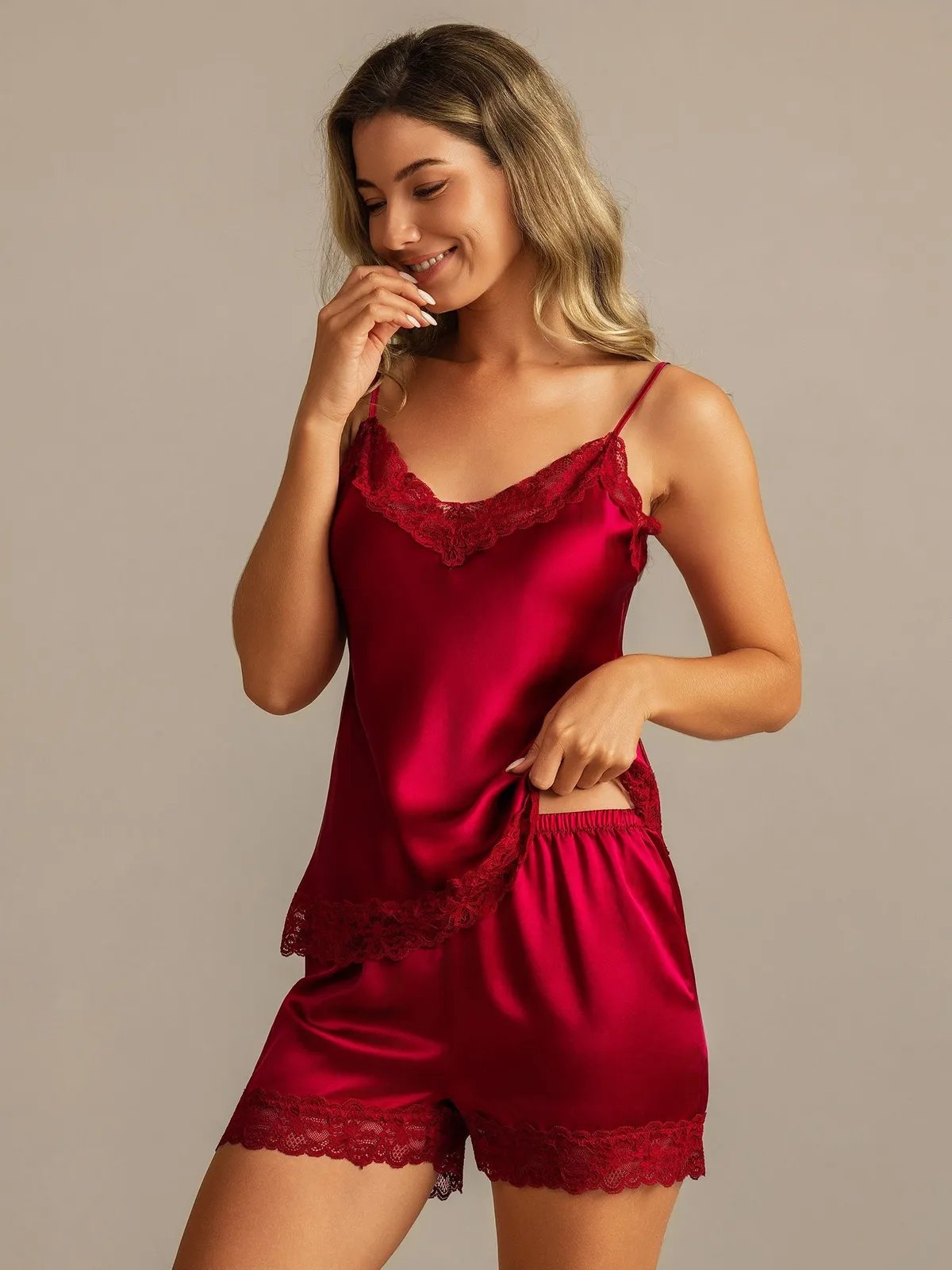 100% Mulberry Silk Lace Trim Spaghetti Strap V Neck Sexy Camisole Set — image 3