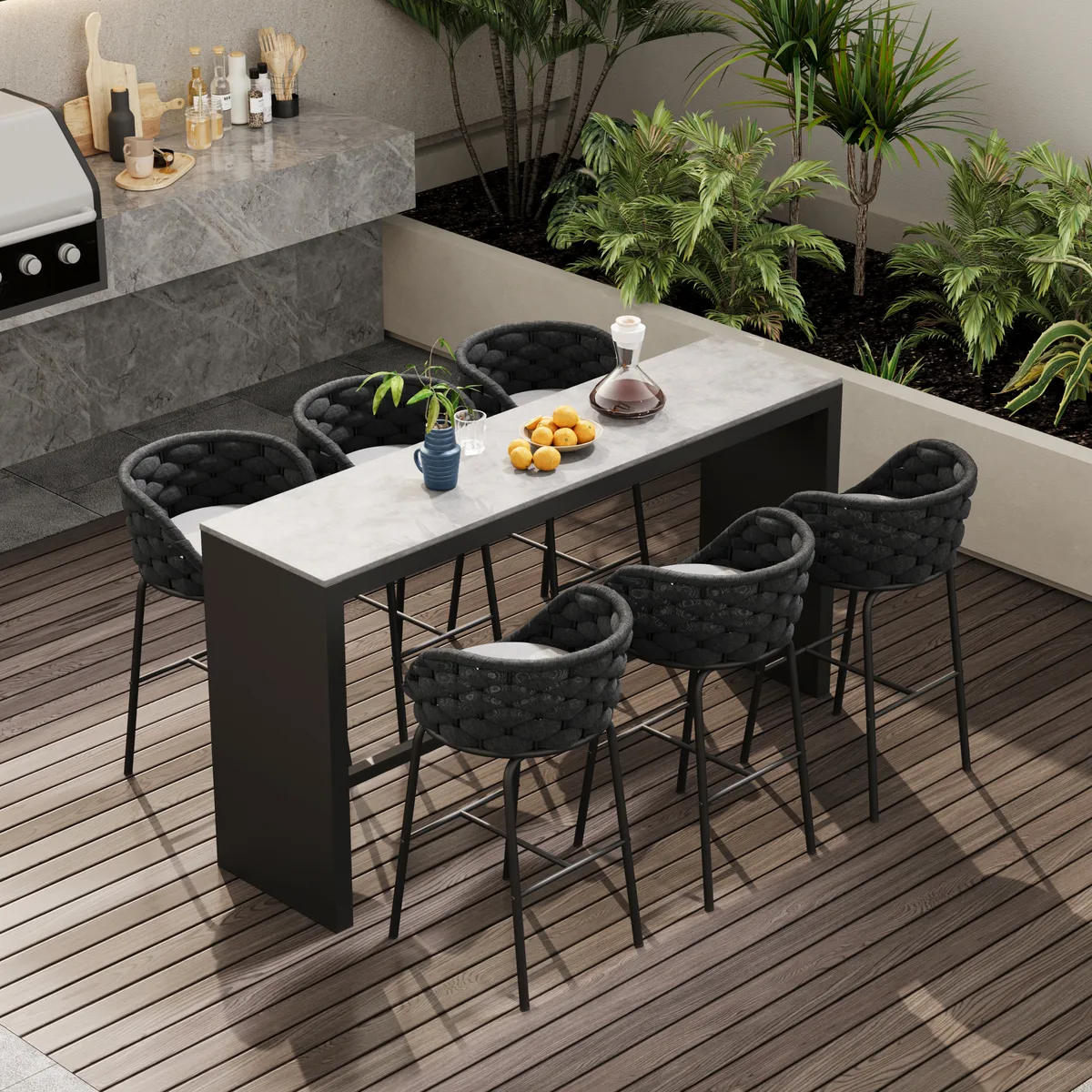 7-Piece Outdoor Sintered Stone & Aluminum Bar Dining Set with 6 Bar Stools — image 2