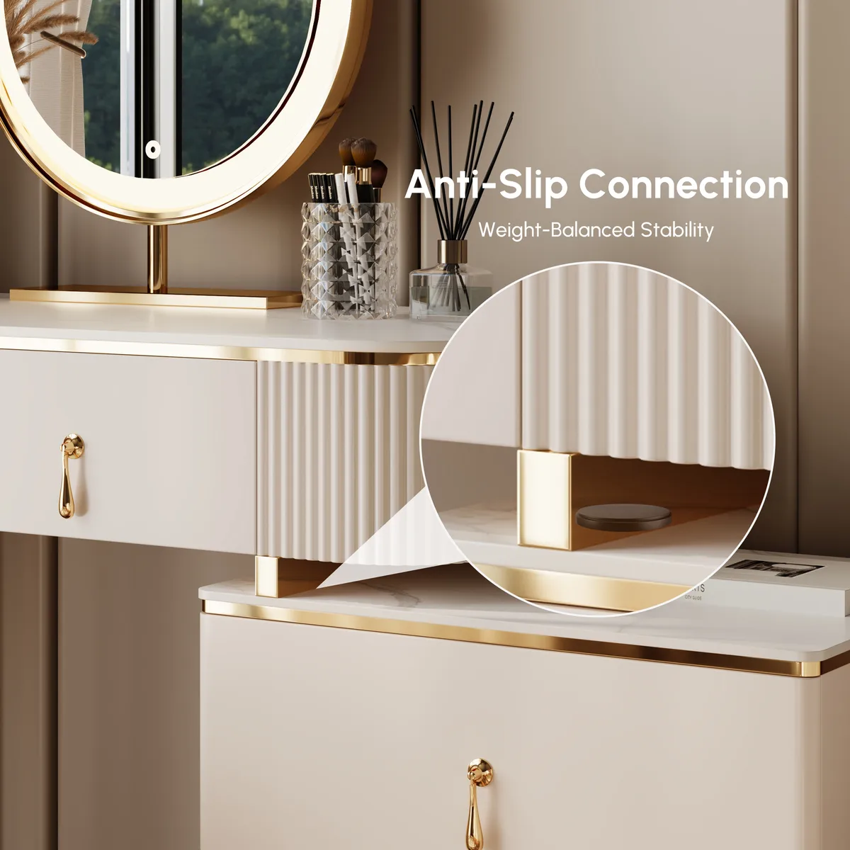Nordic Makeup Vanity Extendable with 5-Drawer Dressing Table with Stone Top in Champagne — image 8