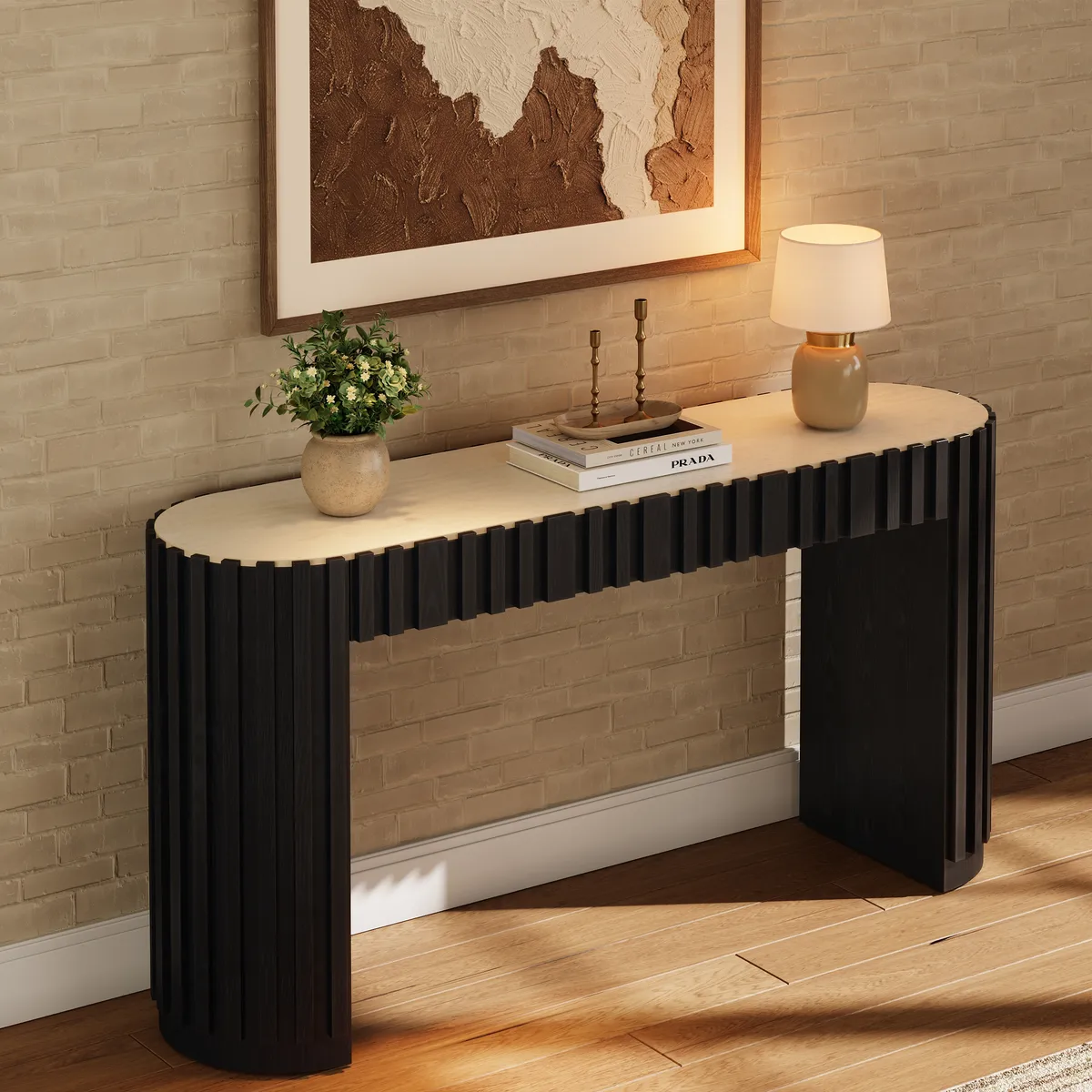 Aura 60" Ash Wood Fluted Black Console Table With Sintered Stone Top — image 3