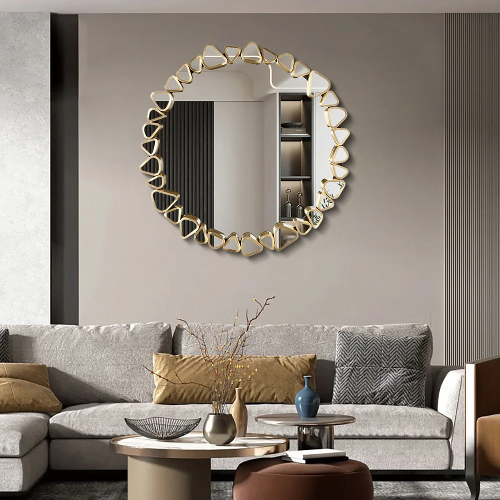 23.6" Modern Large Gold Round Pebble Wall Mirror Decor with Geometric Frame Living Room — image 5