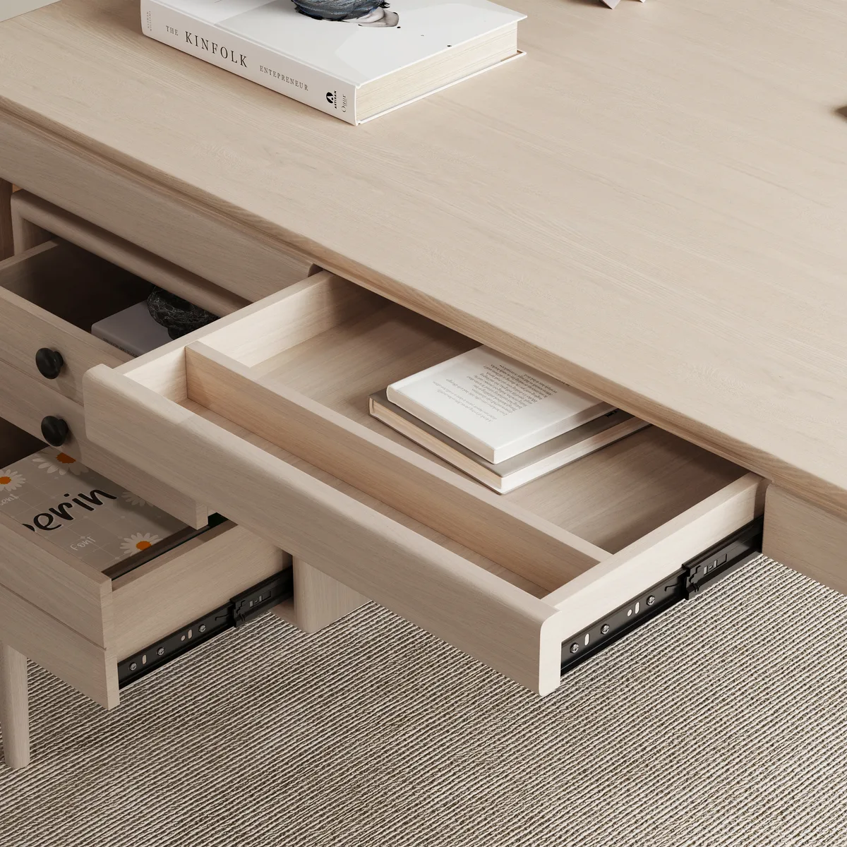 Mid-Century Style 55.1" Whitewash Ash Wood Home Office Desk with 3 Storage Drawers and Metal Accents — image 9