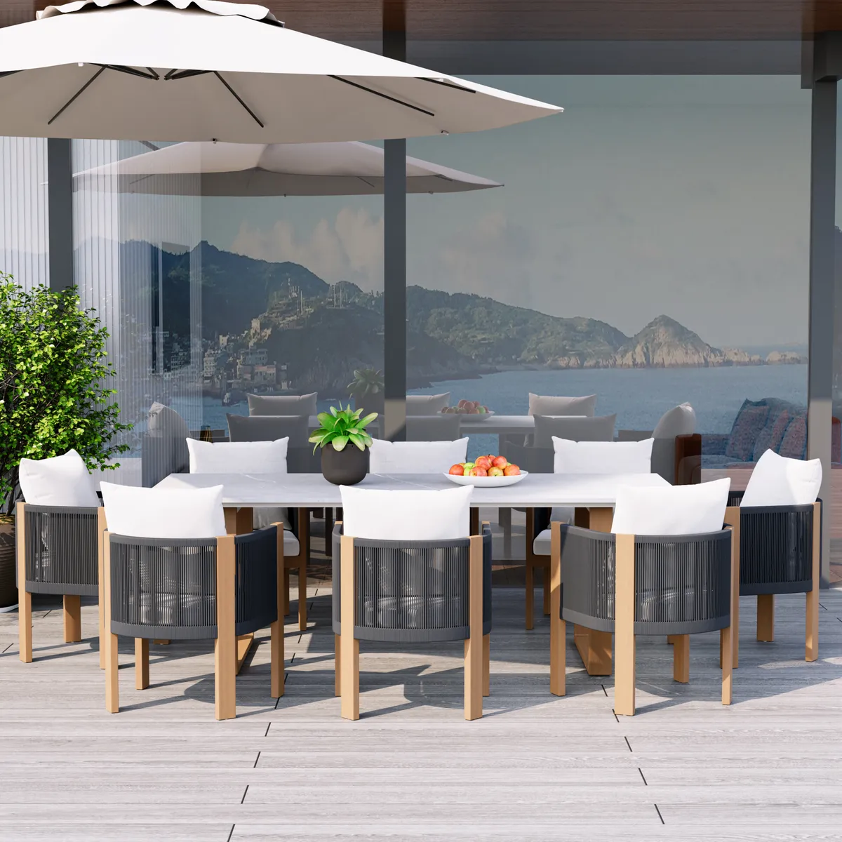 7 PCS 70.9" Faux Marble Outdoor Dining Table Set with Woven Rope Chairs in Gray for 6 Person Patio & Yard Large Marble Outdoor Dining Table with Chair — image 15