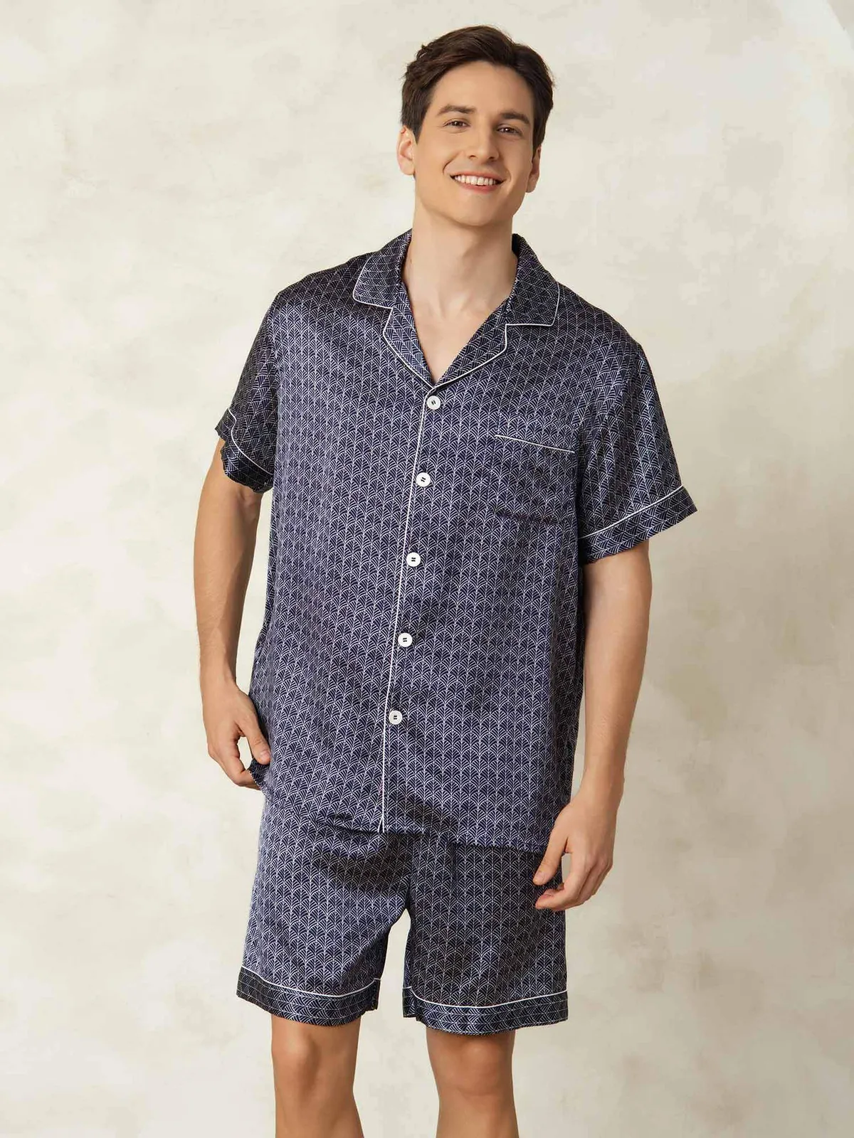 Men's 100% Mulberry Silk Ginkgo Print Short Sleeve Lapel Collar Pajamas Set — image 5