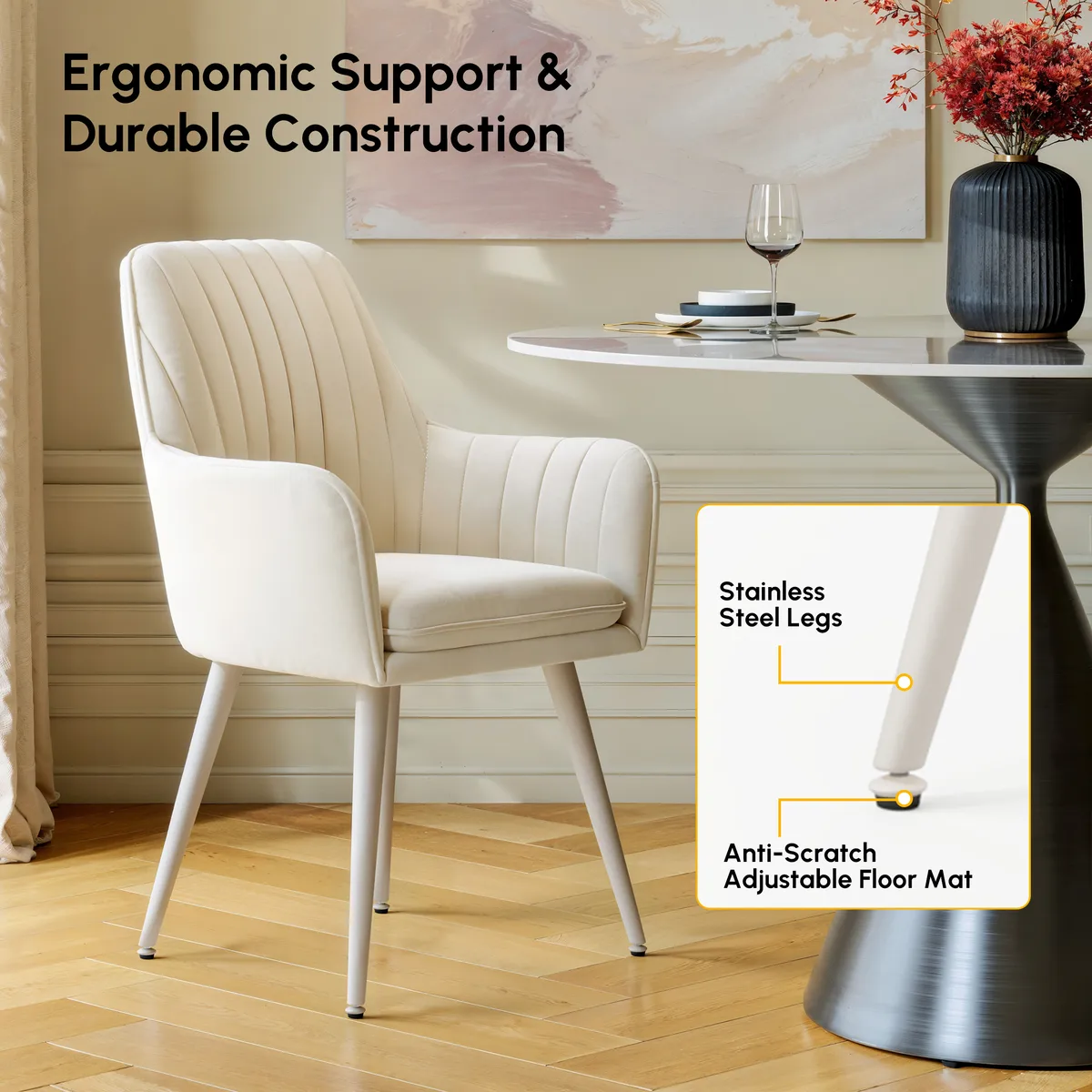 Modern Warm White Velvet Dining Chair with Cushioned Seat — image 6