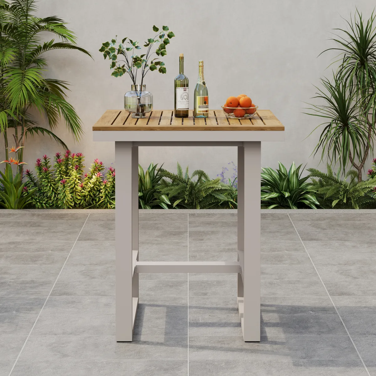 Tevara Outdoor Teak Wood Slat Top & Sand Aluminum Frame Bar Table for Patio — image 14