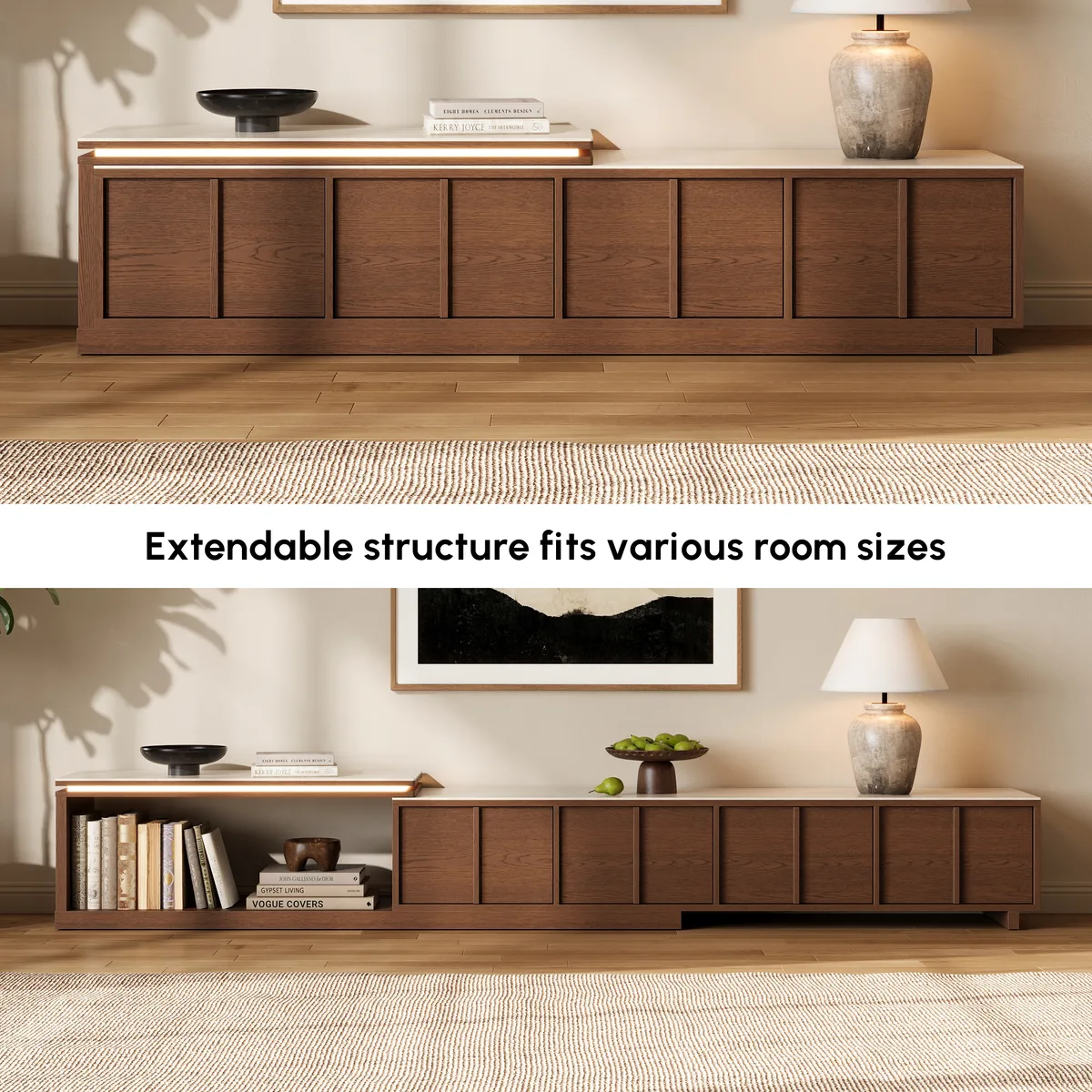 71"-108" Extendable Walnut TV Stand with Sintered Stone Top & Cabinets — image 8