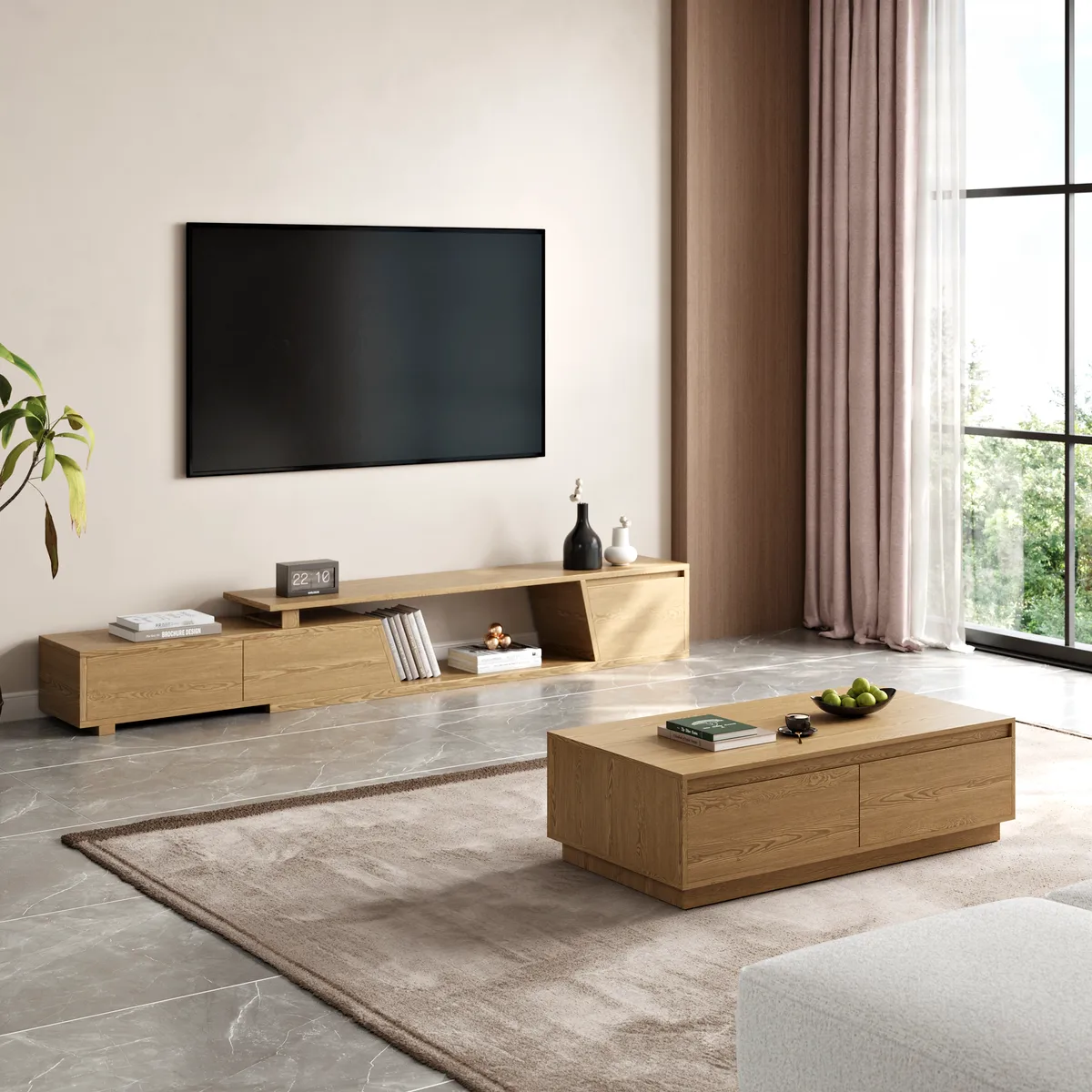 Fero Mid Century Extendable TV Stand & Block Coffee Table Set