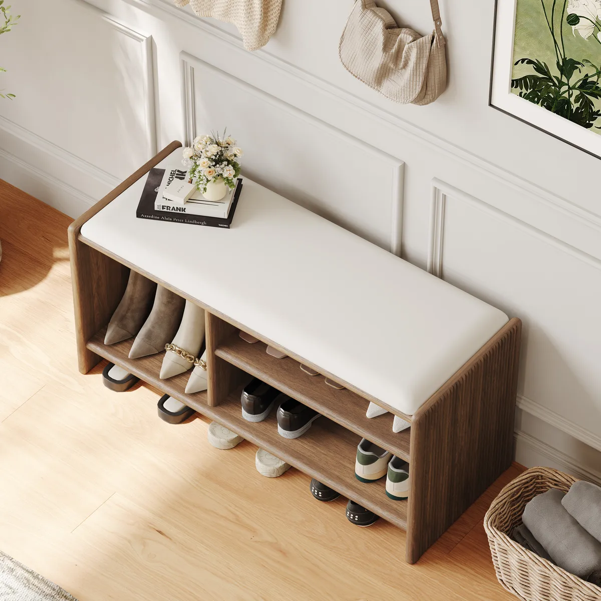 Modern Leather Upholstered Entryway Bench Shoe Storage — image 22