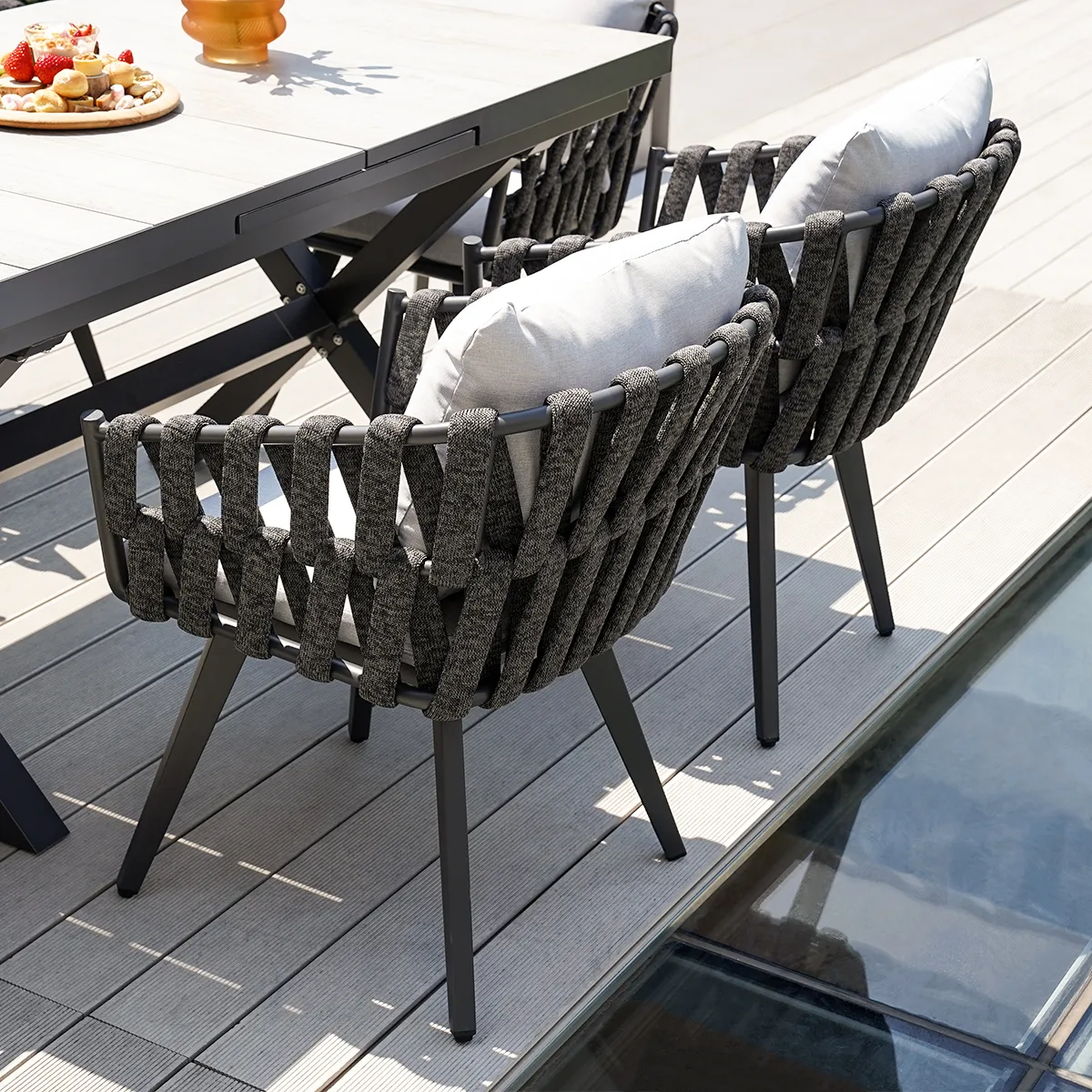 7-Piece Outdoor Extendable Dining Set with 6 Rope Weave Chairs in Gray(64"-84") — image 7