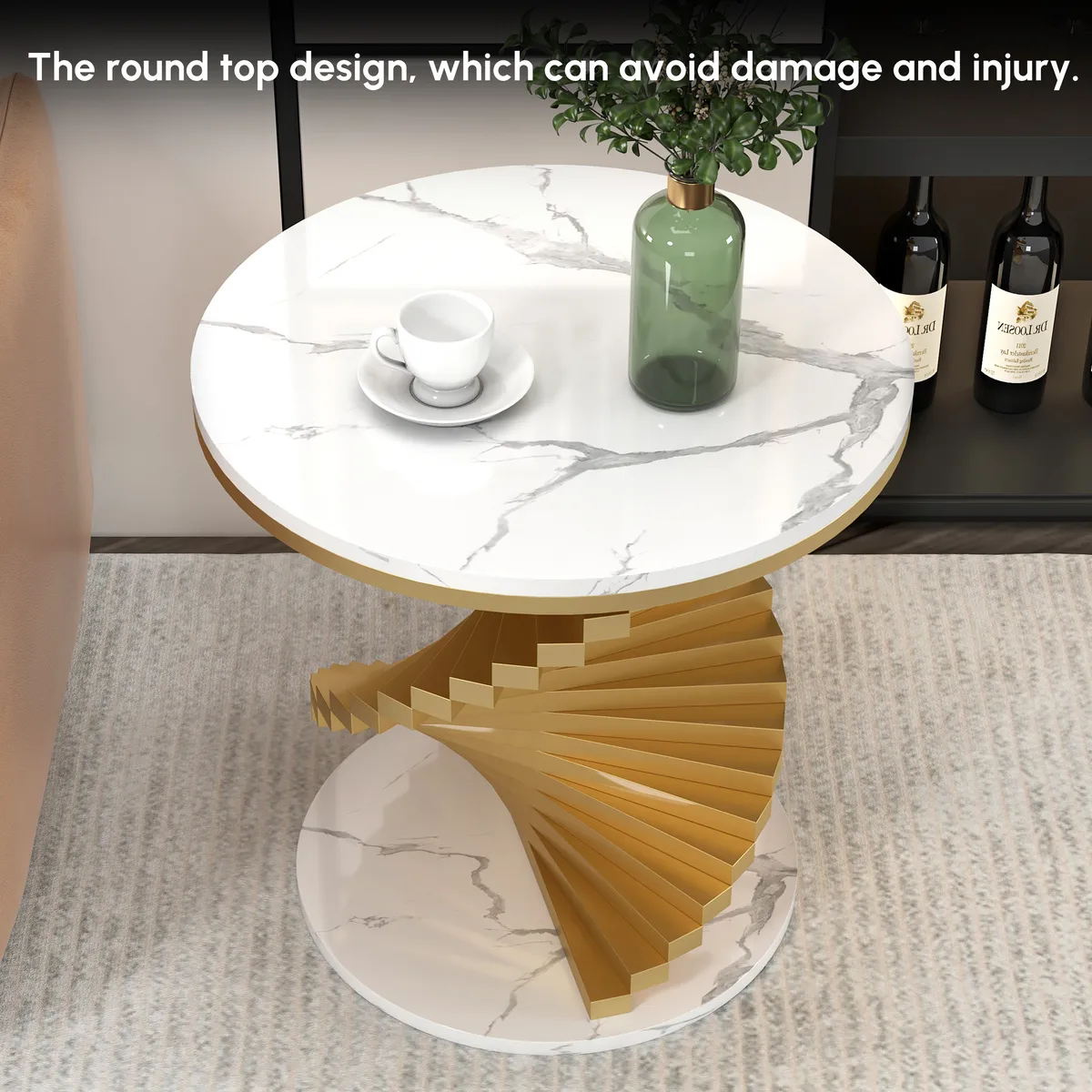 Round Marble Tabletop End Table with Metal Frame Modern Black & Gold Side Table — image 7