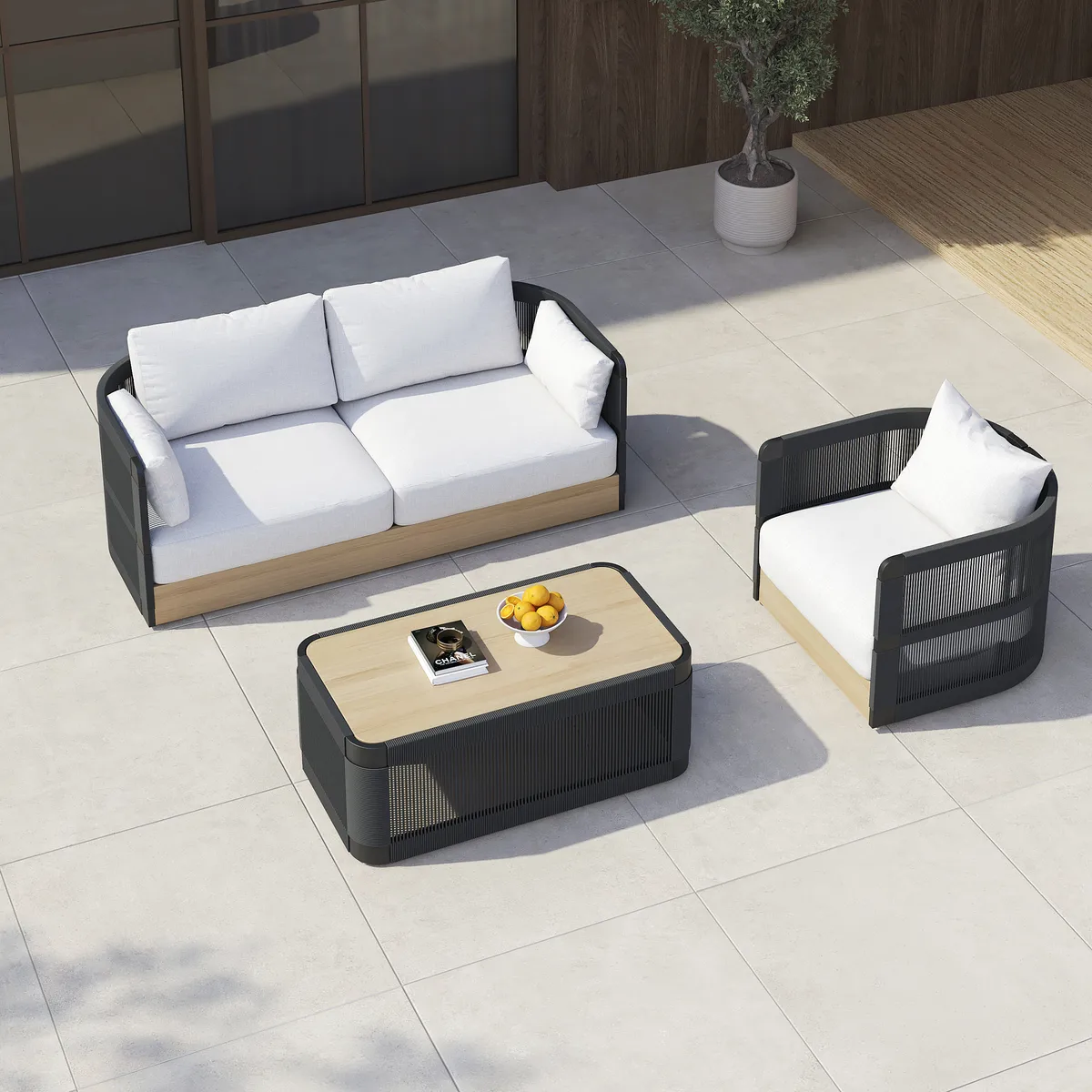 Costra Modern Aluminum & Rope Outdoor Swivel Sofa Set with Coffee Table & Cover