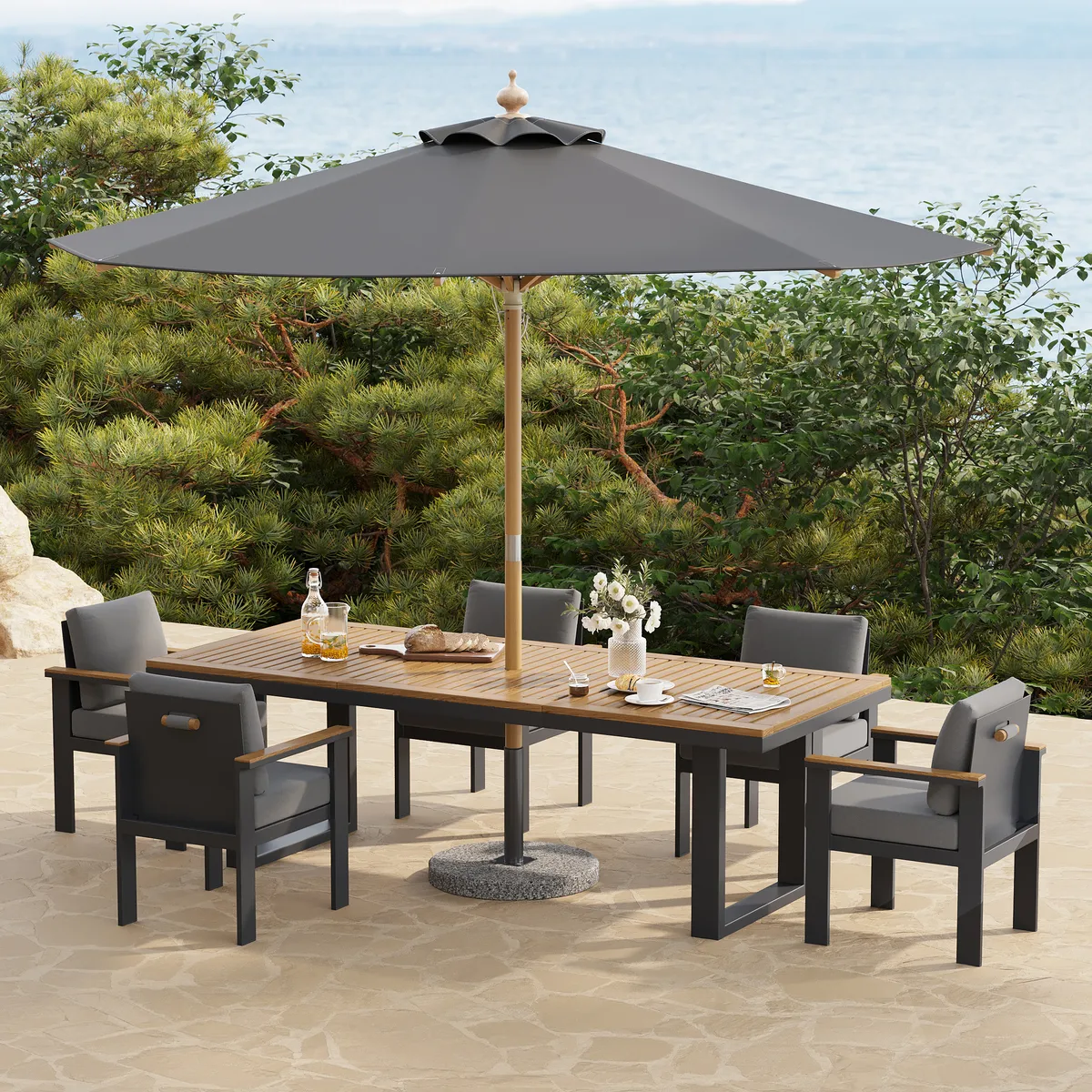 Tevara 10 ft. Patio Center Pole Umbrella with Marble Stand Outdoor Sun Umbrella for Pool / Beach — image 4