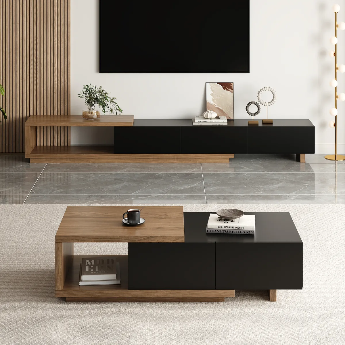 Living Room Cabinet Set Extendable TV Stand & Retracted Coffee Table Set — image 12