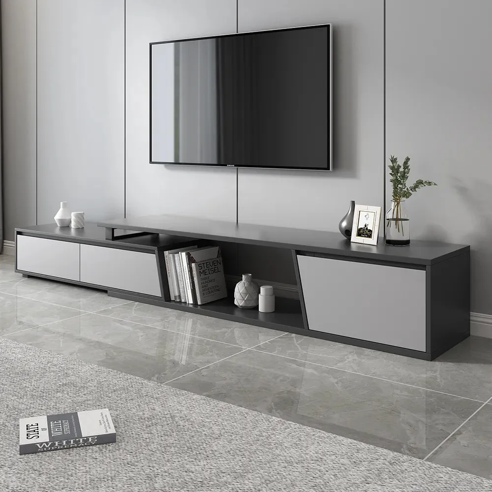 Living Room Cabinet Set Rectangle Gray Extendable TV Stand & Wood Round Nesting Coffee Table — image 17