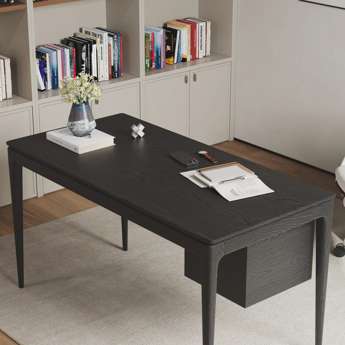 Mid-Century Style 55.1" Whitewash Ash Wood Home Office Desk with 3 Storage Drawers and Metal Accents — image 15