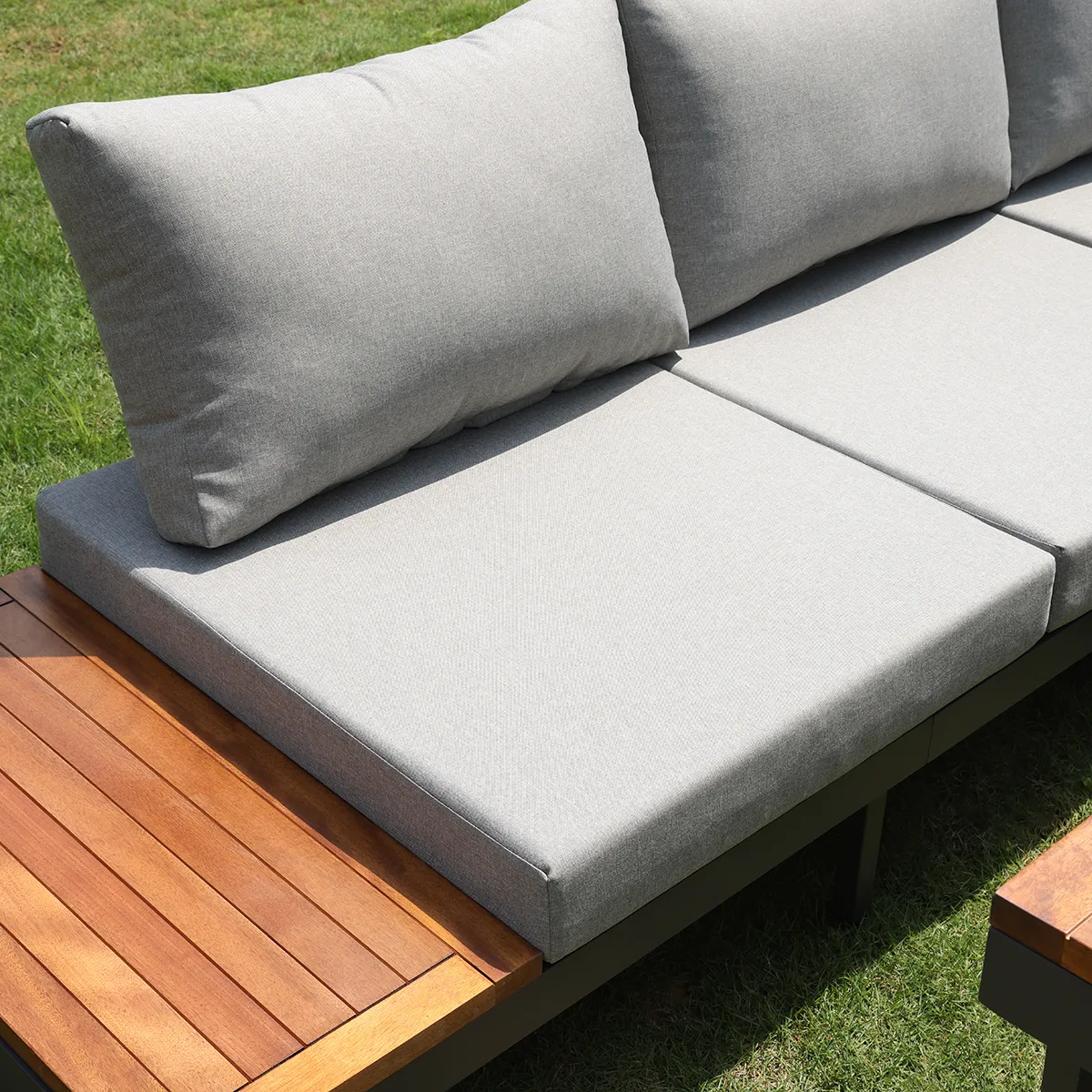Aluminum Wood Outdoor Sectional Sofa & Propane Gas Fire Pit Table With Glass Wind Guard — image 4