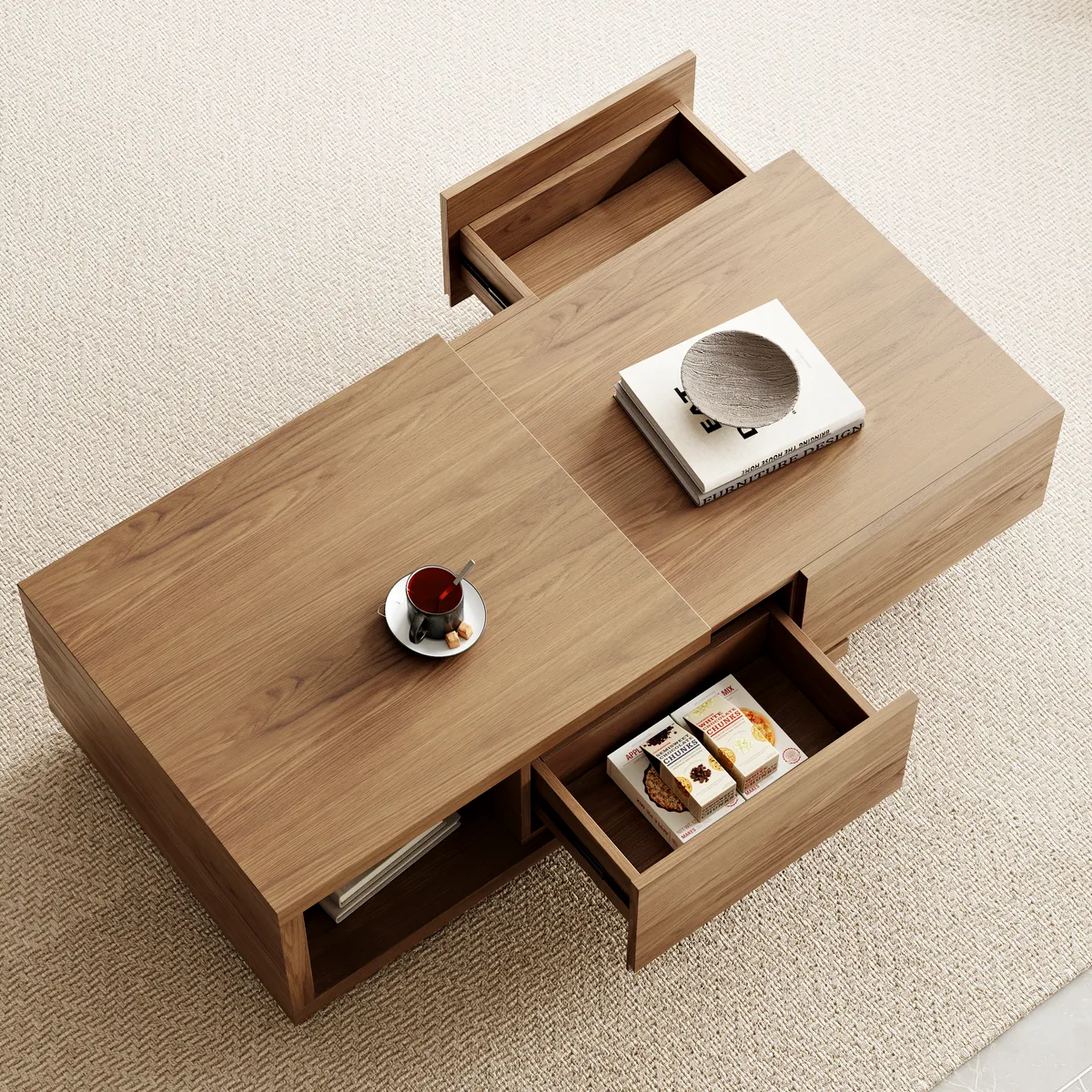 Quoint 68.9" Modern White Coffee Table Retracted & Extendable with 2-Drawer — image 23