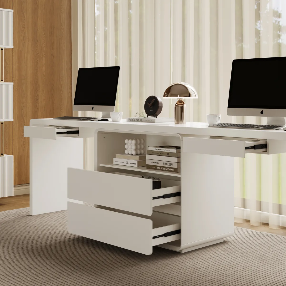 Modern 94" Rectangular Brown Double Desk with Drawers, Seats 2 — image 24