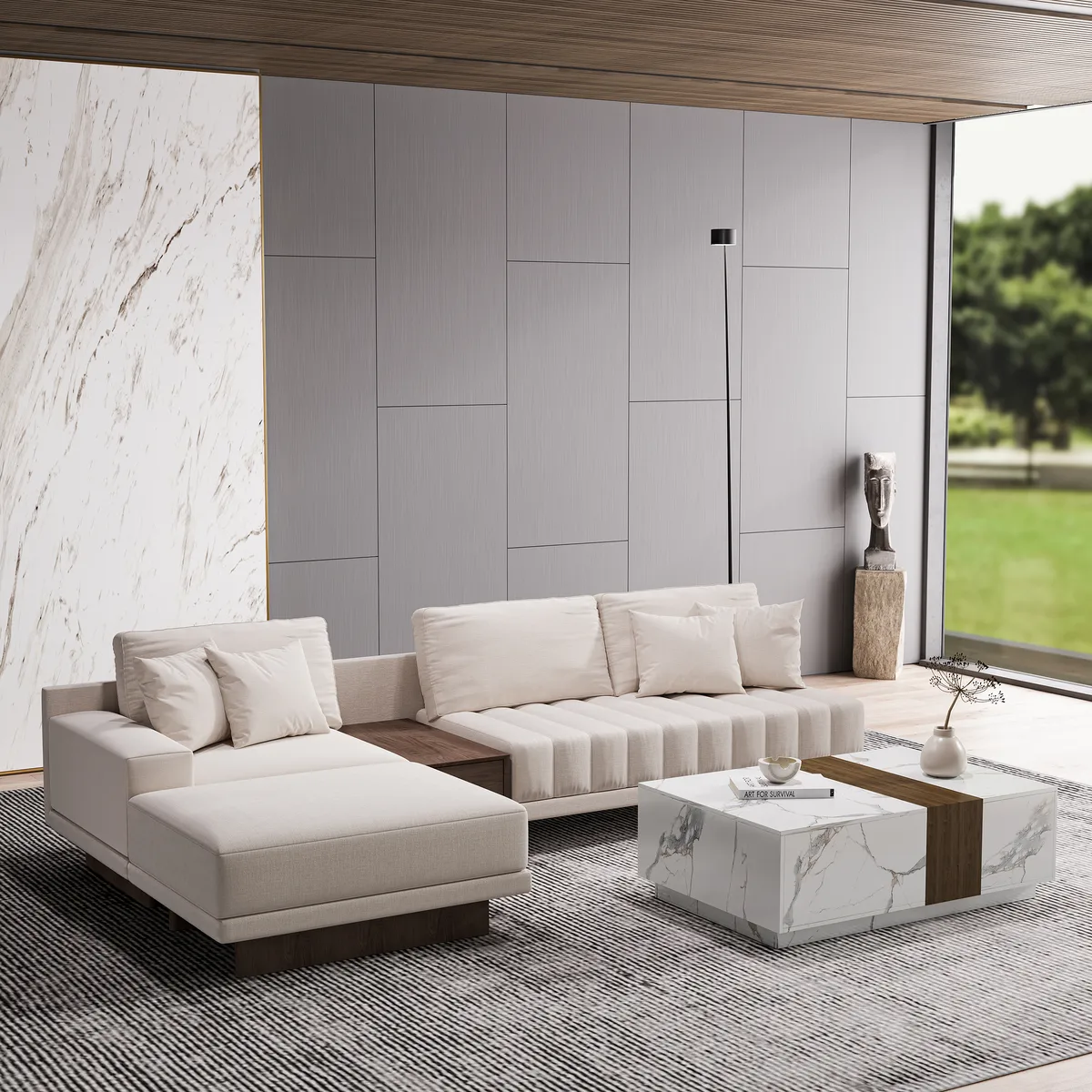 Modern Living Room Couch Set Fabric L-Shaped White Modular Sectional Sofa & Wood Block Coffee Table — image 18