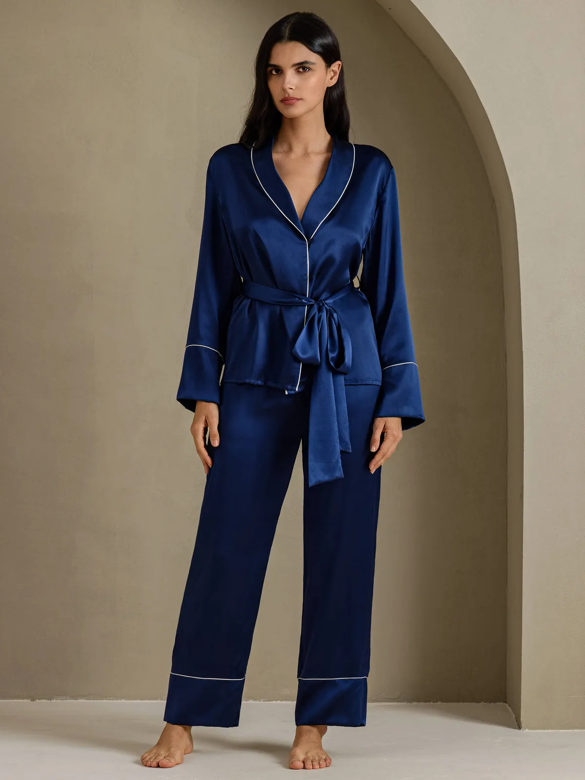 100% Mulberry Silk Long Sleeve Shawl Collar Belted Pajama Set
