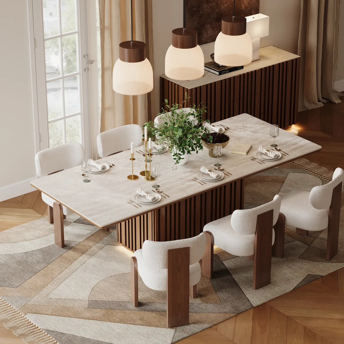 Dining Set 84" Rectangular Faux Travertine Sintered Stone Dining Table with 6 Chairs — image 2