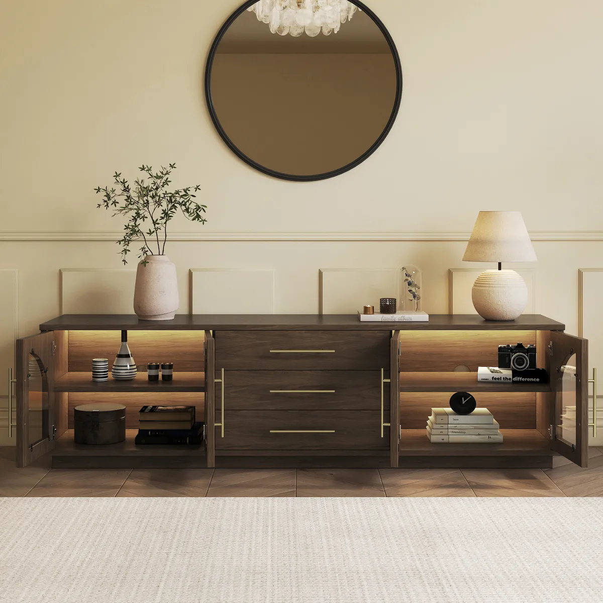 Arune 72" Arched Glass Doors Smoked Brown TV Stand with Storage and LED — image 4