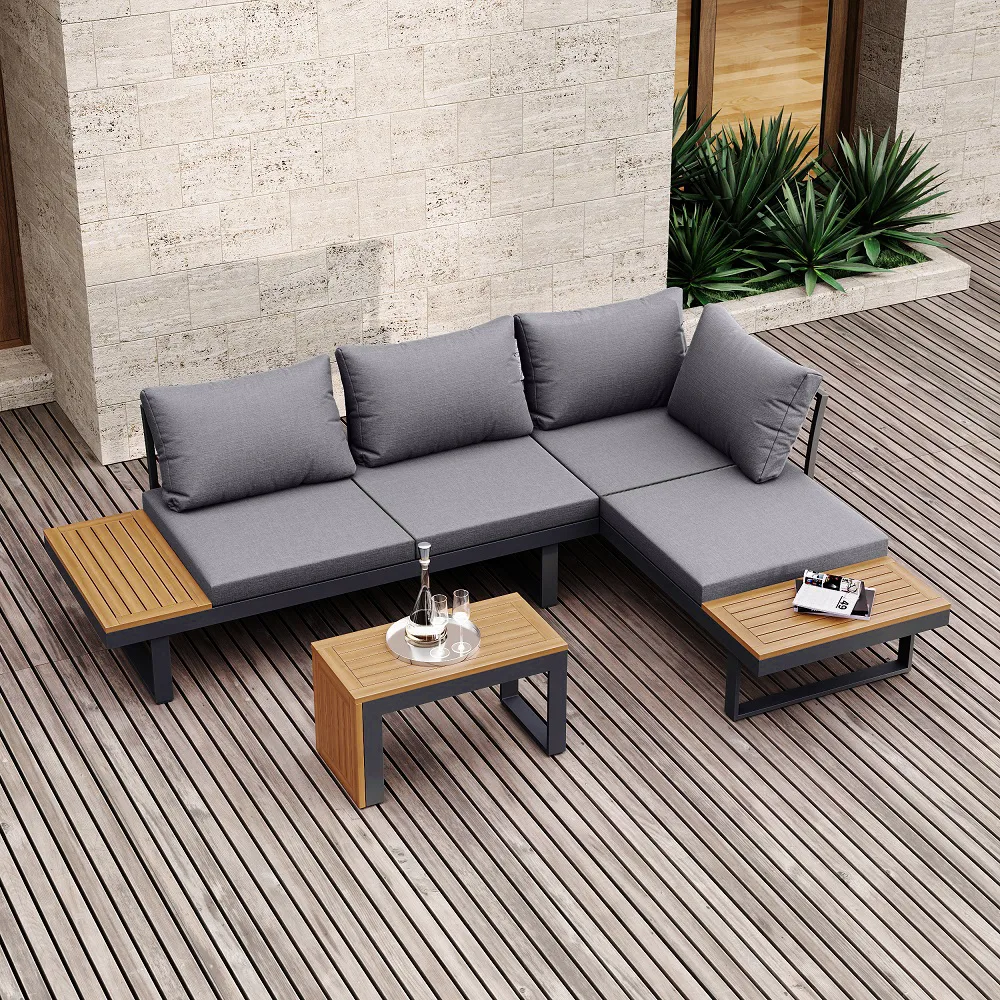 4PCS Modular L-Shaped Outdoor Sectional Sofa Set with Smokeless Fire Pit Table Yard& Garden Furniture for 4 Person in Gray Cushion Included — image 4