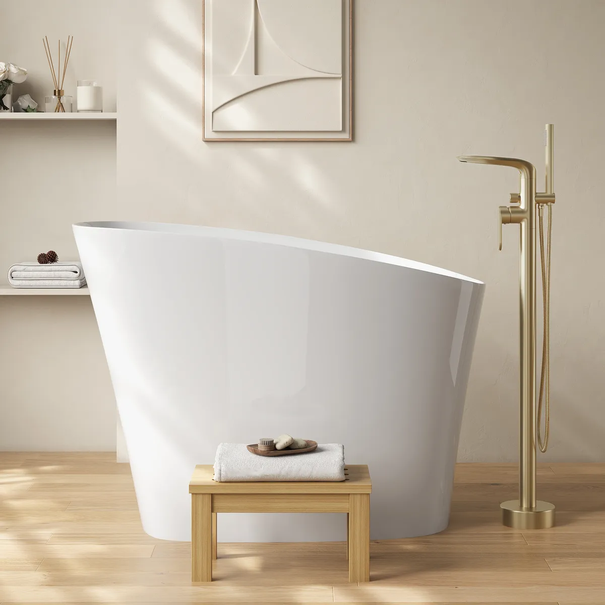 47" Japanese Irregular Freestanding Stone Resin Soaking Bathtub, Marble Look — image 7