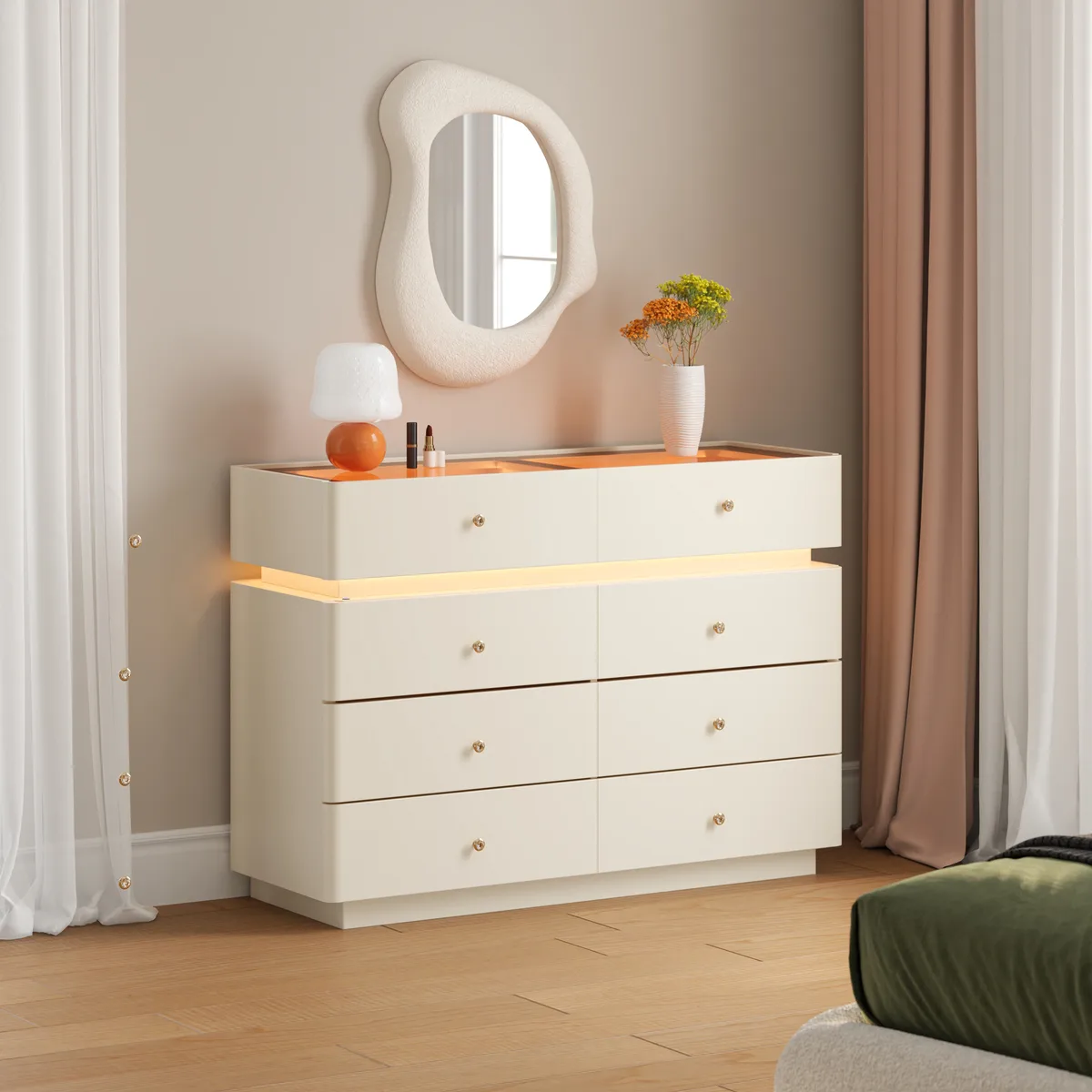 47" Glass Top Walk-in Closet Island 8-Drawer Dresser with Light — image 9