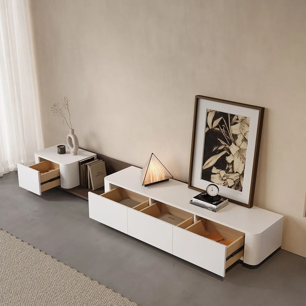107.8" Off White Modern Wood Extendable TV Stand with 4 Drawer Retracted Cream Media Console — image 16