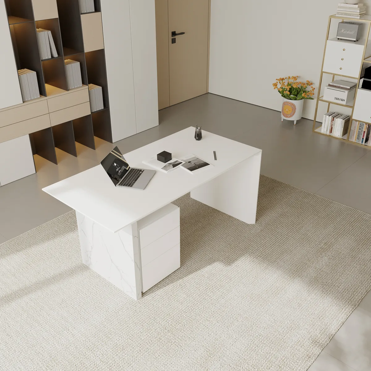 60" Modern MDF & Marble Veneer Desk & Off White Home Office Chair Set High Back — image 5