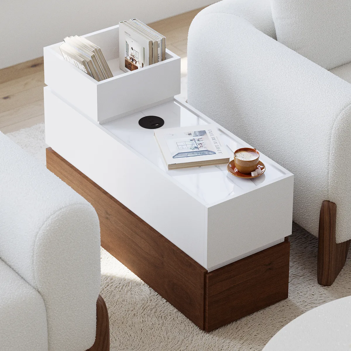 Travertine Stone Top Narrow Smart Side Table with Storage Modern Walnut End Table with USB Charging
