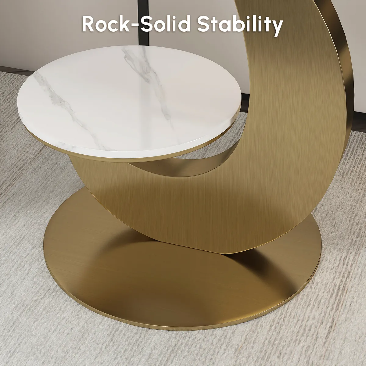 Round Faux Marble 2 Tier End Table Modern White & Gold Side Table — image 18