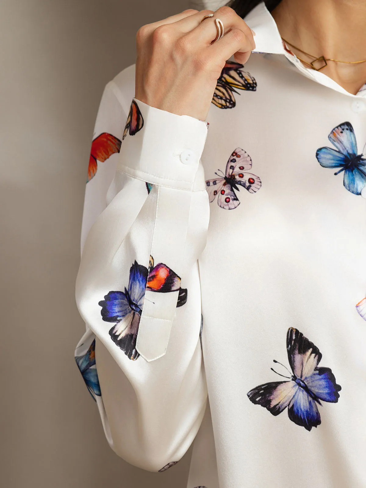 19Momme Silk Butterfly Print Long Sleeve Lapel Collar Women's Shirt — image 4