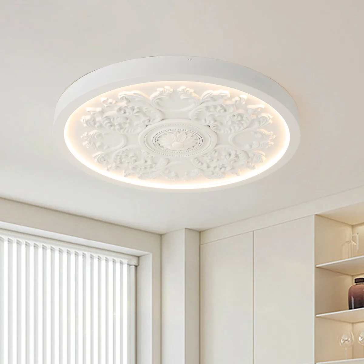French Elegant White Resin 3D Carved LED Dimmable Flush Mount Ceiling Light — image 22
