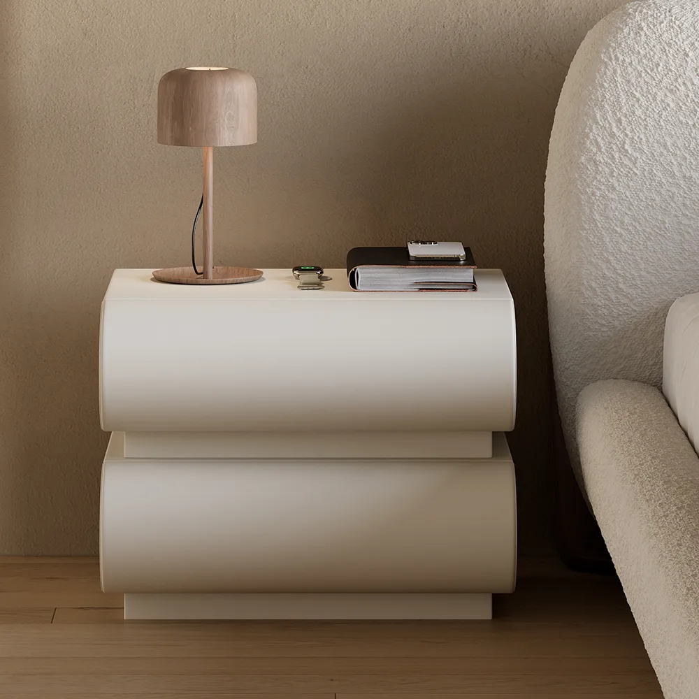 White Leather Smart Nightstand with Wireless Charger Bedside Table with USB & Type-C Ports King Size Boucle Upholstered Floating Bed Frame with Light — image 6