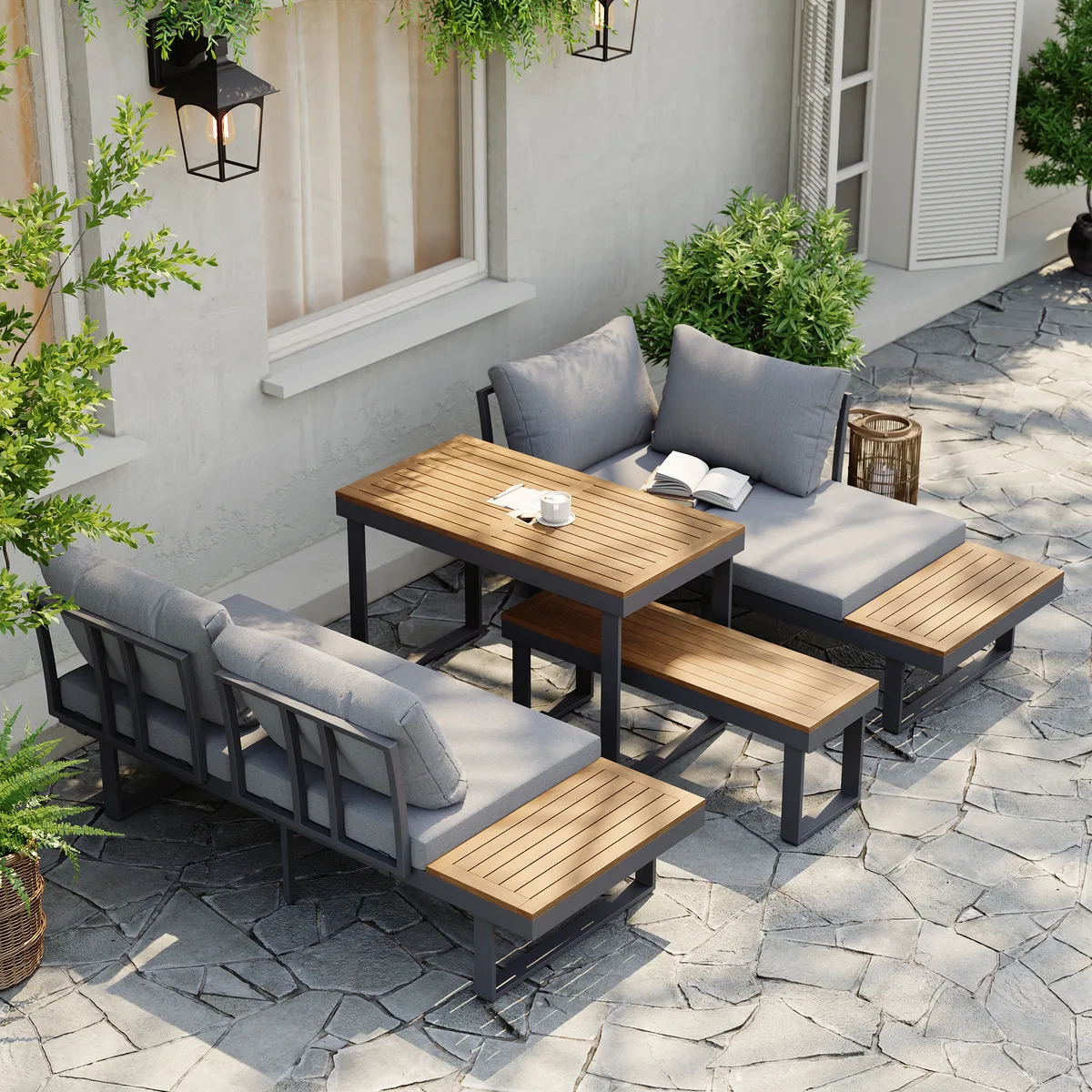 Slatera Outdoor Acacia & Aluminum Modular Sofa Set in Dark Gray with Black Cover — image 23