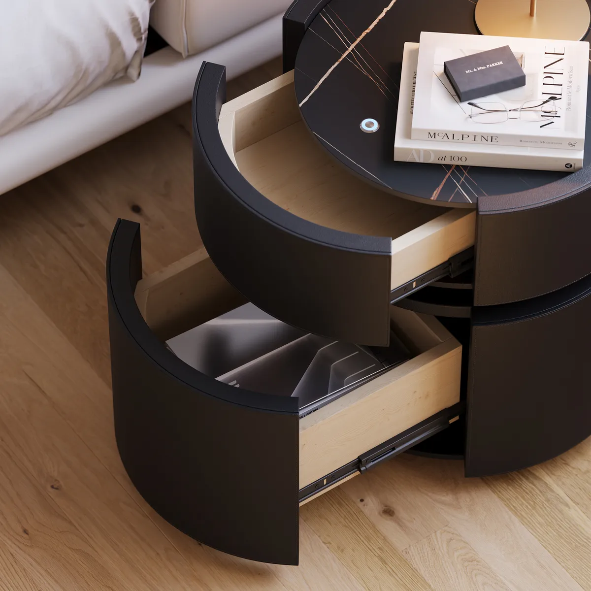 Round Saddle Leather Nightstand with Wireless Charging Bedside Table — image 19