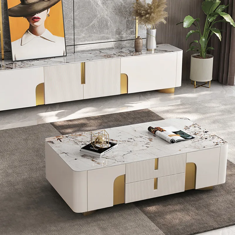 Living Room Cabinet Set Stone Top Beige & Gold TV Stand & Beige Rectangle Large Coffee Table Set — image 3