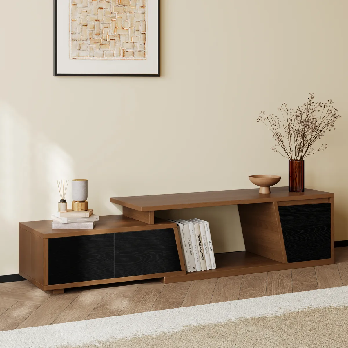 Fero Minimalist Rectangle Gray Extendable TV Stand with 3 Drawers Up — image 2