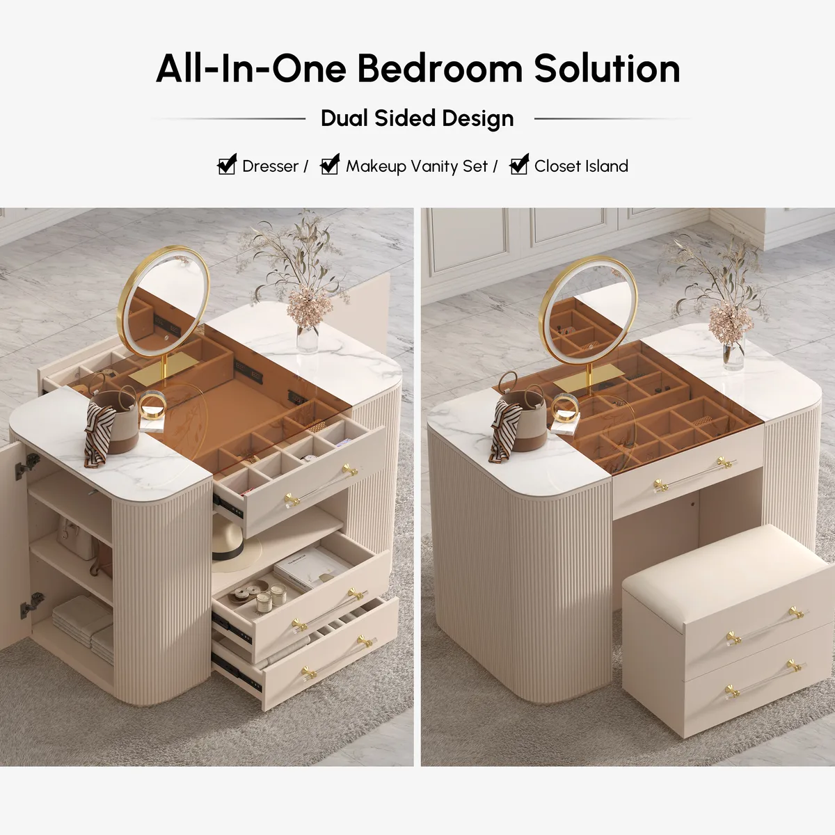 47" Tempered Glass Top Closet Island with Mirror & Jewelry Storage Dresser Vanity — image 4