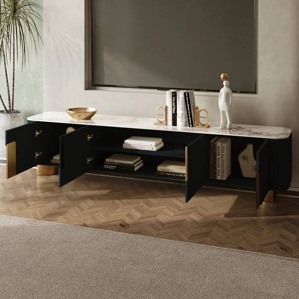 78.7" Stone Top Beige & Gold TV Stand with 4 Doors and Storage — image 14