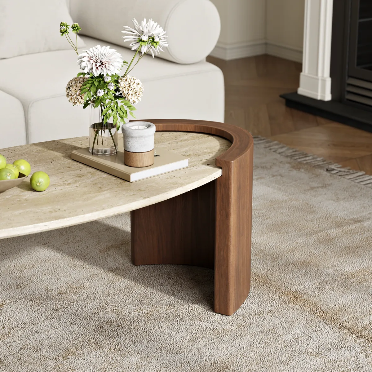 43" Japandi Oval Travertine Stone Top Coffee Table — image 28